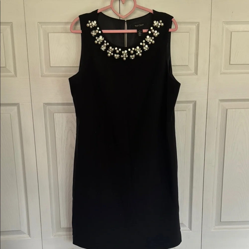 White House Black Market Black Dress with rhinestone and pearl Embellished Neck - Picture 6 of 11